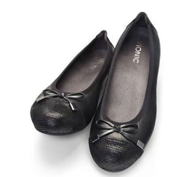 Vionic Spark Minna Black Leather Cap-Toe Bow Ballet Flats Casual Orthotic | 8 - Picture 1 of 10